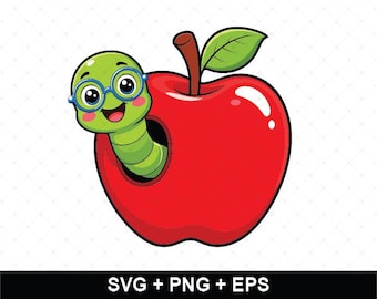 Cute Bookworm Apple SVG, Kawaii Worm PNG, Teacher School SVG, Reading Clipart, Back to School Cut File, Cricut Svg, Silhouette Eps