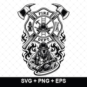 Puede incluir: Una ilustración gráfica en blanco y negro de un bombero con casco y máscara, sosteniendo una manguera. Arriba hay una insignia con el texto FIRE DEPT, hachas cruzadas, una escalera, un hidrante y llamas. Incluye el texto SVG, PNG y EPS.