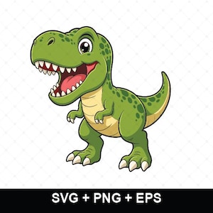 May include: A cartoon illustration of a green Tyrannosaurus Rex with dark green spots, a light yellow underbelly, and sharp white teeth, shown with its mouth open in a wide smile. The text SVG + PNG + EPS is printed at the bottom.