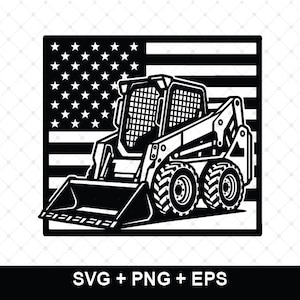 May include: A black and white graphic illustration of a skid steer loader positioned in front of a stylized American flag. The design features bold lines and high contrast, showcasing the heavy machinery with a bucket and large treaded tires.