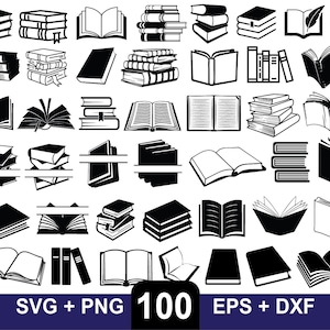 May include: A set of 100 black and white book and open book SVG, PNG, EPS, and DXF files. The files are perfect for crafting, scrapbooking, and other creative projects.