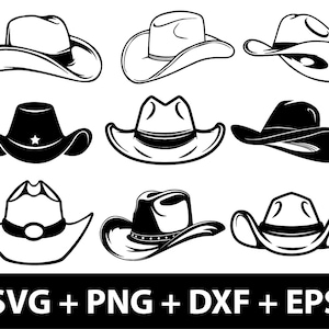 May include: A collection of nine cowboy hat illustrations in black and white. The hats vary in style, with details like a star, decorative bands, and different brim shapes. The bottom of the image displays the text "SVG + PNG + DXF + EPS".