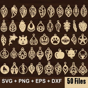 Peut inclure: Un ensemble de 50 fichiers SVG, PNG, EPS et DXF présentant divers modèles de boucles d'oreilles. Les motifs comprennent des formes géométriques, des animaux, des fleurs et des motifs abstraits.