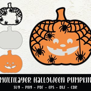 May include: A multilayer Halloween pumpkin design with a black spiderweb and orange pumpkin with a smiling face. The design is layered for easy cutting and crafting.