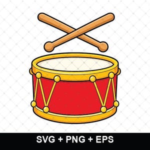 Op de afbeelding: Een rode trommel met een witte bovenkant en gele rand, voorzien van gele spanstangen en twee gekruiste houten drumstokken erboven. De afbeelding bevat de tekst SVG + PNG + EPS onderaan, wat de beschikbare bestandsformaten aangeeft.