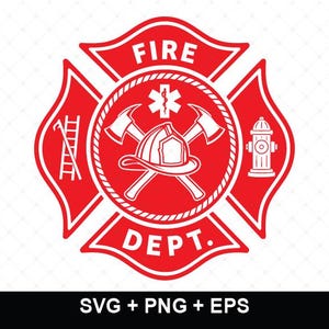 Può includere: Un emblema grafico rosso e bianco a forma di croce di Malta con il testo FIRE DEPT. Il centro contiene un casco da vigile del fuoco, asce incrociate e il simbolo medico della stella della vita. Una scala e un idrante sono sui lati.