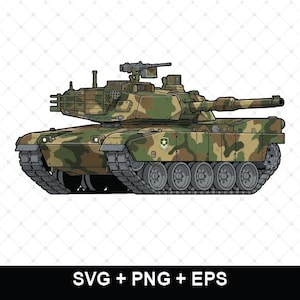 May include: A military tank illustration featuring a green, brown, and black camouflage pattern. The tank has a large turret, a long main cannon, a mounted machine gun on top, and tracks. The text SVG + PNG + EPS is displayed below.