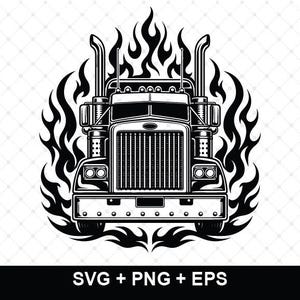 May include: A black and white graphic illustration of a semi-truck viewed from the front, featuring a prominent grille, dual exhaust stacks, and headlights, surrounded by stylized flames. The text SVG + PNG + EPS is printed at the bottom.