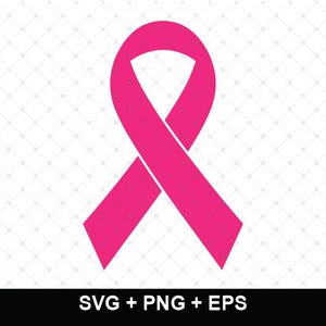 Puede incluir: Un lazo de concienciación de color rosa brillante centrado sobre un fondo blanco con un patrón de cuadrícula de diamantes gris claro. Debajo del lazo, el texto SVG + PNG + EPS aparece en una fuente negra, negrita y sin remates sobre una barra.