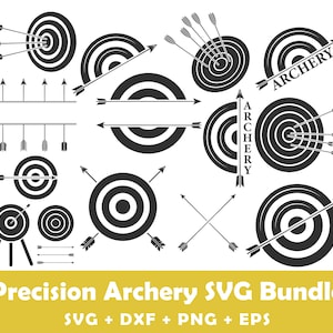 Puede incluir: Un paquete de SVG en blanco y negro de dianas de tiro con arco y flechas. El paquete incluye una variedad de dianas, incluyendo una diana de tiro con arco tradicional, una diana de tiro con arco 3D y una diana con la palabra "Archery" escrita en ella. El paquete también incluye una variedad de flechas, incluyendo flechas con plumas y flechas con flecos.