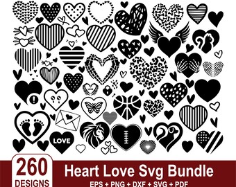 Pacchetto SVG da 260 cuori, Doodle Heart SVG, Arte vettoriale a forma di cuore, Silhouette di cuore, SVG di cuore disegnato a mano, Clipart d'amore, Doodle e forme solide