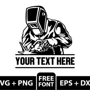 Puede incluir: Ilustración en blanco y negro de un soldador con máscara de soldar y sosteniendo una antorcha de soldar. El texto "YOUR TEXT HERE" está debajo de la imagen.