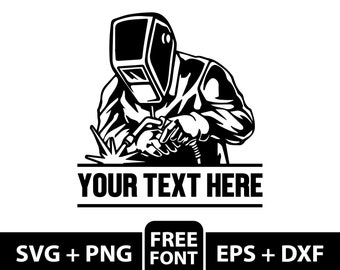 May include: Black and white illustration of a welder wearing a welding mask and holding a welding torch. The text "YOUR TEXT HERE" is below the image.