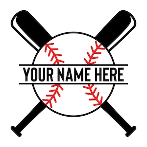 Może przedstawiać: Czarno-biała sylwetka pałki do baseballu skrzyżowana za piłką baseballową z czerwonymi szwami. Tekst "YOUR NAME HERE" jest wyśrodkowany na białym banerze.