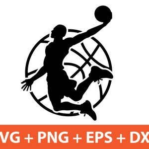 May include: Silhouette of a basketball player dunking a basketball through a hoop. The player is in mid-air, with their arms extended above their head. The basketball is in the hoop, and the net is visible. The player is wearing a jersey and shorts. The background is white.