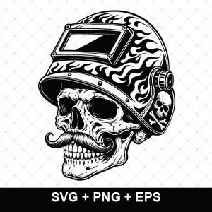 May include: A black and white graphic illustration of a human skull wearing a welding helmet. The helmet features flame patterns and a small skull and crossbones icon. The skull has a prominent handlebar moustache and is rendered in high contrast.