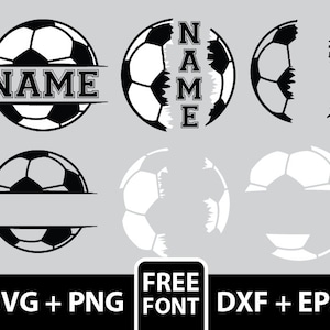May include: A set of six black and white soccer ball SVG cut files. The soccer balls are split in half with a space for a name. The text "NAME" is shown in one of the designs. The text "FREE FONT" is shown below the soccer balls. The text "SVG + PNG" is shown on the left and "DXF + EPS" is shown on the right.