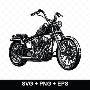Op de afbeelding: Een zwart-witte grafische illustratie van een custom motorfiets met een brandstoftank met vlammenpatronen, een hoog stuur, een ronde koplamp en spaakwielen. De tekst SVG + PNG + EPS staat onderaan de afbeelding.