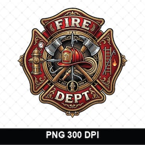 Puede incluir: Un emblema circular de departamento de bomberos con un escudo rojo y dorado con el texto FIRE DEPT. El diseño incluye un casco rojo central con FD, hachas cruzadas, una boca de incendio, una escalera, una manguera enrollada y un bichero.