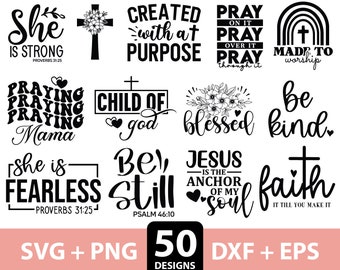 Könnte beinhalten: Ein Set mit 10 schwarzen und weißen SVG-Schnittdateien zum Thema Religion. Die Designs beinhalten Sätze wie "She is Strong", "Praying Mama", "Child of God", "Be Still", "Jesus is the Anchor of My Soul", "Faith", "Be Kind", "Made to Worship", "Blessed", und "Created with a Purpose".