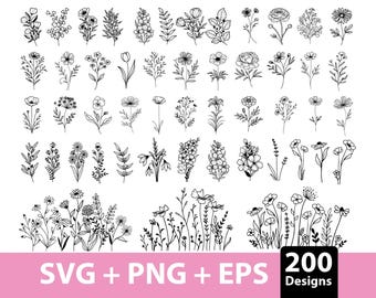 200 Wildflower svg Bundle, Botanical Sketch, Flower Meadow svg, Flower svg, Wildflower svg, Botanical svg, Wildflower Clipart