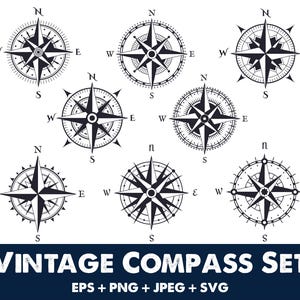 May include: A set of eight vintage compass designs in black and white. Each compass features a star-shaped pointer with the letters N, S, E, and W around the outer edge.