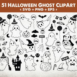 Könnte beinhalten: Ein Set mit 51 Schwarzweiß-Halloween-Geister-Illustrationen. Die Geister sind in verschiedenen Posen und Ausdrücken, darunter einige mit Hüten, Kürbissen und Süßigkeiten. Der Text "BOO!" erscheint mehrmals im Bild.