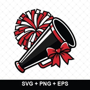 May include: A black megaphone with red and white accents, featuring a red bow tied around the side and a large red and white pom-pom positioned behind it. The graphic includes the text SVG + PNG + EPS at the bottom of the design.