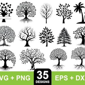 May include: A set of 35 black silhouette tree designs for crafting and design projects. The trees are in various styles, including palm trees, bare branches, and leafy trees.