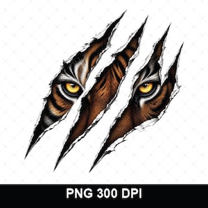 May include: A graphic illustration of a tiger face with intense yellow eyes and orange and black fur, visible through three diagonal claw marks that create a ripped effect. The design includes the text PNG 300 DPI at the bottom.