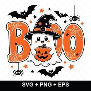 May include: A graphic illustration featuring the word BOO in orange with white spiderweb patterns. A white ghost wearing a black witch hat with orange stars holds an orange jack-o'-lantern. Black bats, small spiders, and orange stars surround the central design.