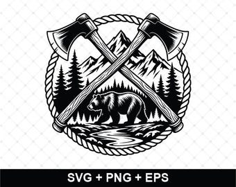 Crossed Axe Bear SVG, Lumberjack Bear Cut File, Mountain Forest SVG, Wilderness Cabin Cricut File, Lumberjack Axe SVG, Instant Download