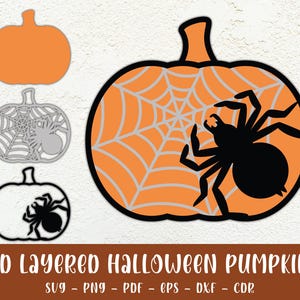 May include: A 3D layered Halloween pumpkin with a spider web design and a black spider in the center. The pumpkin is orange with a gray spider web and a black spider. The design is for crafting and cutting.