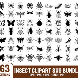 Może przedstawiać: Zestaw 63 czarno-białych ilustracji owadów. Owady obejmują motyle, chrząszcze, mrówki, pająki i wiele innych.