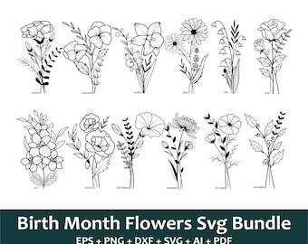 Pacote svg mês de nascimento, svg mês de nascimento, svg flor mês de nascimento, svg flor de nascimento, svg rosa, svg margarida, svg aniversário, silhueta flor de nascimento
