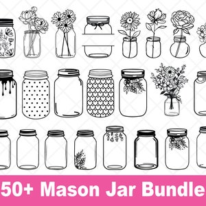 May include: A set of 50+ black and white mason jar clip art images. The jars are in various shapes and sizes, some with floral designs, polka dots, and hearts. The jars are perfect for crafting and DIY projects.