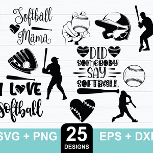 Puede incluir: Un conjunto de 25 diseños digitales de softball en SVG, PNG, EPS y DXF. Los diseños presentan varias imágenes relacionadas con el softball, incluyendo bates, pelotas, guantes y texto. El texto incluye frases como "Softball Mama", "Me encanta el softball" y "¿Alguien dijo softball?".