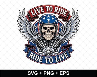Live To Ride SVG, Patriotic Biker Skull Cut File, Motorcycle Wings SVG, American Rider Svg, Wings Skull PNG, Instant Download