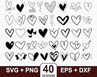 Paquete de 40 corazones svg, Doodle Heart Bundle svg, Open Heart svg, Valentine Heart svg, Corazón dibujado a mano svg, Archivos de corte de corazón, Silueta de corazón