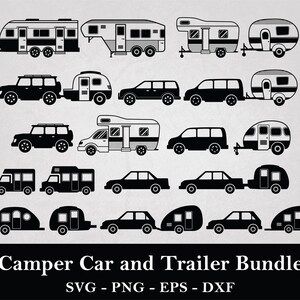 May include: A set of black and white silhouette illustrations of camper cars and trailers. The illustrations include a variety of camper car and trailer styles, including a classic A-frame trailer, a pop-up camper, and a travel trailer.