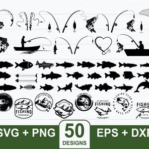 May include: A collection of 50 fishing-themed designs in SVG, PNG, EPS, and DXF formats. The designs include fishing rods, fish silhouettes, fishing tournament logos, and a fisherman in a boat. The text includes "FISHING" and "TOURNAMENT".
