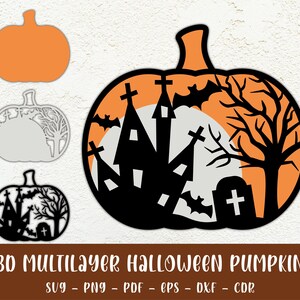 May include: A 3D multilayer Halloween pumpkin design featuring a haunted house, a spooky tree, and a graveyard. The pumpkin is orange with a black silhouette of the design.