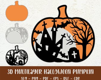 Haunted House Pumpkin SVG, 3D Layered Halloween Laser Cut File, Glowforge Cricut Pumpkin PNG Eps Dxf, Instant Download