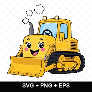 May include: A yellow cartoon bulldozer with a smiling face, pink cheeks, and large eyes. The vehicle features a front blade, black tracks, a cab with a steering wheel, and a grey exhaust pipe emitting white smoke. Text reads SVG + PNG + EPS.