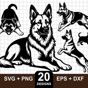 May include: A collection of black and white graphic illustrations featuring German Shepherd dogs in various poses, including sitting, running, and playing, with the text SVG + PNG 20 DESIGNS EPS + DXF at the bottom.
