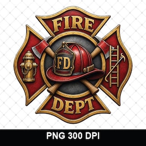 Puede incluir: Un emblema circular de departamento de bomberos con una cruz de Malta roja y dorada con el texto FIRE DEPT. El centro muestra un casco de bombero rojo con FD, flanqueado por dos hachas cruzadas, un hidrante dorado y una escalera.