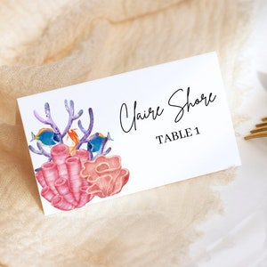 Packung mit 7 Fischen und Korallenriff Aquarell Hochzeit Tischkartenvorlage Sofortiger Download,Bearbeiten & Drucken Unterwasser Tischkarte, Marine Party