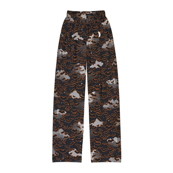 Kids Pajama Pants, Halloween Bats and Night Sky in Black & Orange