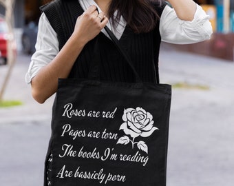 Les roses sont un sac fourre-tout rouge, sac fourre-tout livre épicé, sac fourre-tout livresque, sac fourre-tout livre, lecteur d'épices, fourre-tout Smut Books
