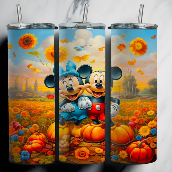 Mickey Mouse and Minnie Mouse Tumbler Wrap With Pumpkins and Sunflowers, Fall Tumbler Wrap, Autumn Tumbler Wrap